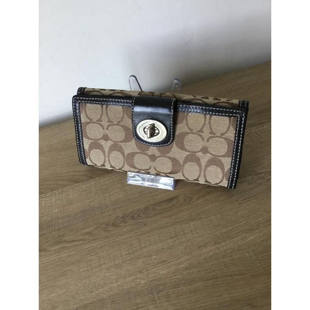Vintage Coach Signature C Turnlock Wallet Jacquard Canvas Leather Trim